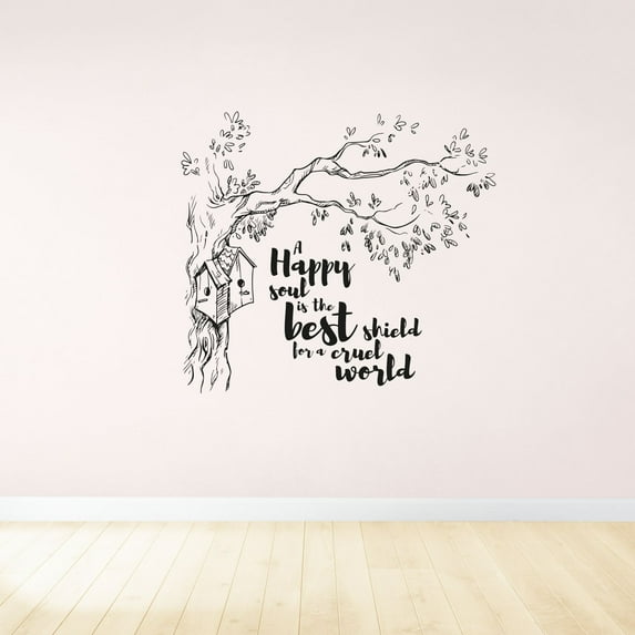 A Happy Soul Is The Best Shield For A Cruel World Quote Birds Bird Nest Tree Vinyl Wall Art Sticker Wall Decal Home Kids Kinder Nursery Room Study Room Boys Girls Wall Decor Design Size (8x10 inch)
