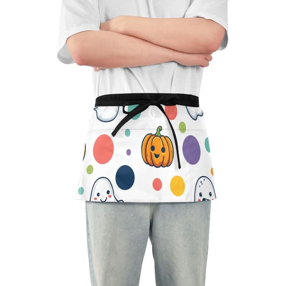 Happy Specters Colorful Circles Pumpkins Short Server Apron with 3 Pockets for Unisex Chef Gardening