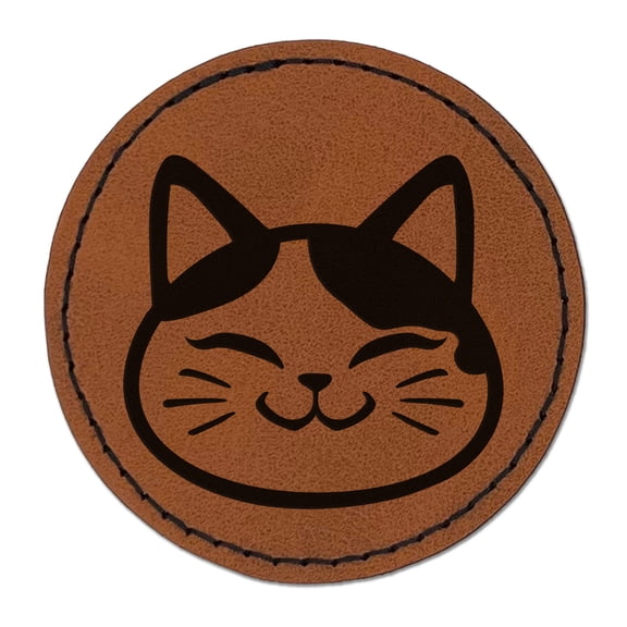 Happy Spotted Cat Face 2.5" Faux Leather Round Engraved Iron-On Patch - Brown