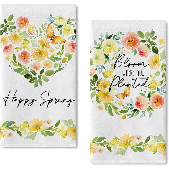 Happy Spring Flower Heart Floral Wreath Kitchen Dish Towel Set of 2, Bloom Where You Planted Hand Towel Drying Baking Cooking Cloth, Watercolor Rose Seasonal Kitchen Decor 18x26 Inches
