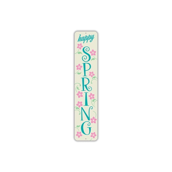 Happy Spring Flowers Aluminum Metal Decor Sign - 4x18 inches