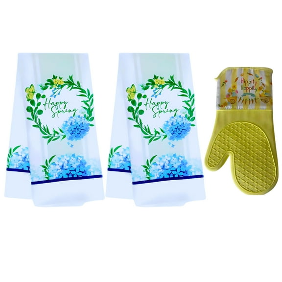 Happy Spring Kitchen Towels, 15x25in and Yellow Oven Mitt, 3-Piece Easter-Themed Housewarming Gift Set Easter Collection Seasonal Charm Stylish Decor Durable Multipurpose Home Essential
