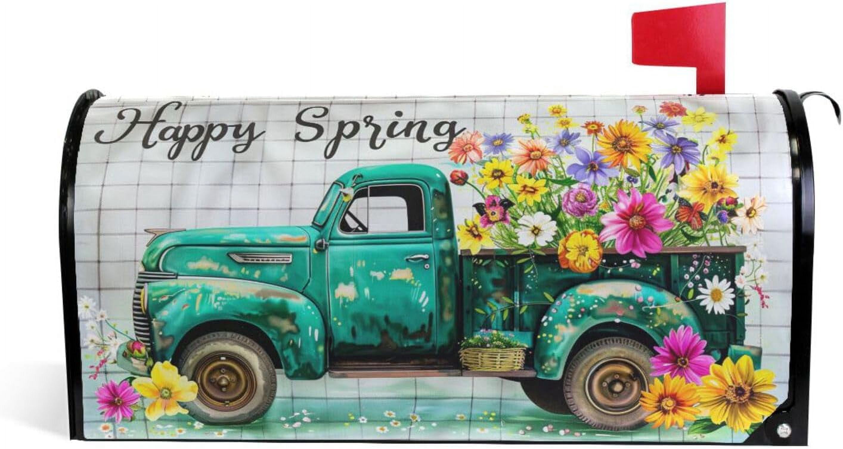Happy Spring Pickup Truck Floral01 Magnetic Mailbox Cover MailWraps Garden Yard Home Decor for Outside Oversized-25.5" x20.8"\u2026