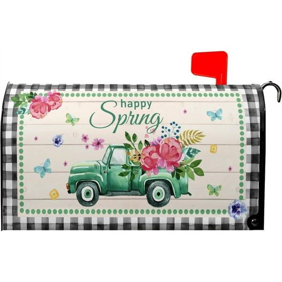 Happy Spring Truck Mailbox Cover Rustic Spring Flowers Mailbox Covers Magnetic Large Size 25.5" x 21" Farmhouse Holiday Mailbox Covers Wraps Post Letter Box Outdoor Decor for Home Garden Yard