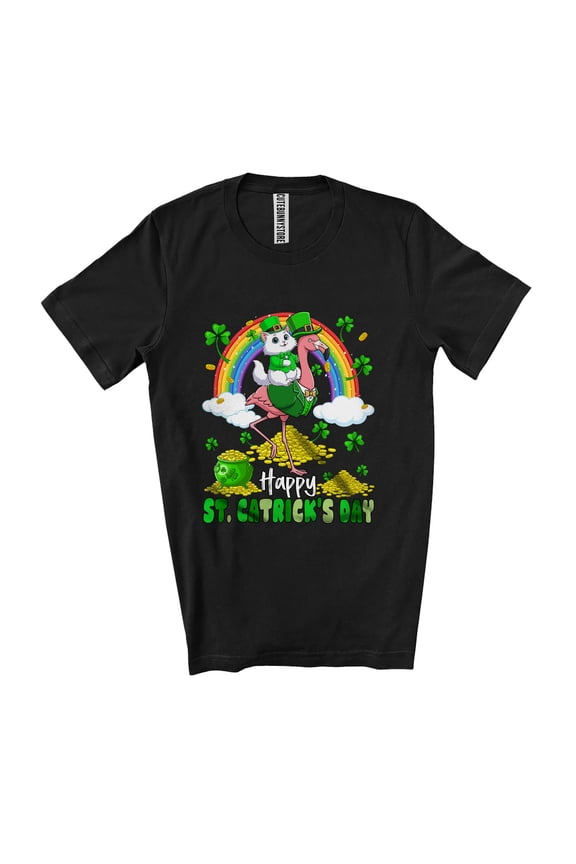 Happy St. Catrick's Day; St. Patrick's Day Cat Riding Flamingo Shamrock Unisex T-Shirt