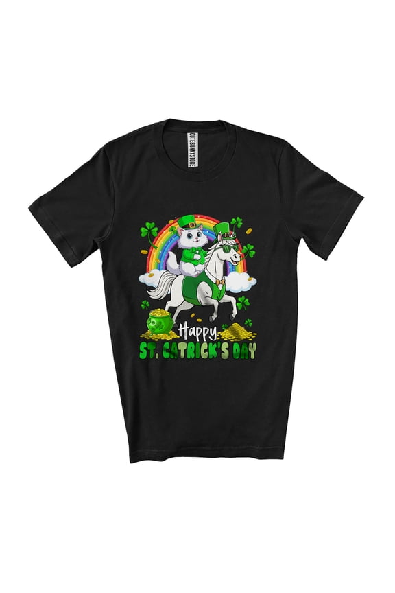 Happy St. Catrick's Day; St. Patrick's Day Cat Riding Horse Shamrock Owner Unisex T-Shirt