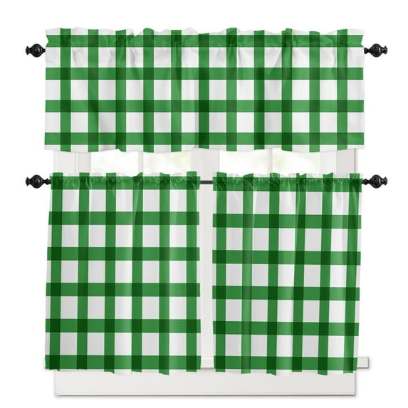 Happy St. Kitchen Curtains and Valances Set, Patrick's Day Green White Buffalo Check Plaid Rod Pocket Window Valance 18 Inch Window Curtain Panels for Living Room Bedroom Laundry, 27.5x36in, 3 Pieces