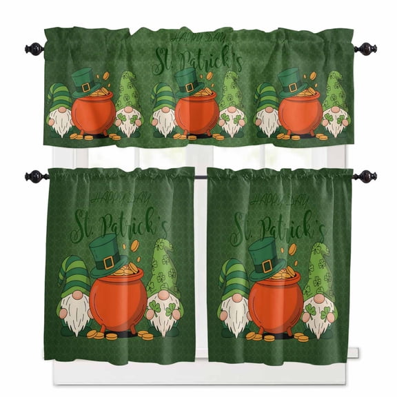 Happy St. Palmer Window Curtains Valance Set of 3 Green Gnome Four Leaf Clovers Rod Pocket Small Kitchen Curtain, Soft Window Treatment for Bedroom Party Holiday Decor