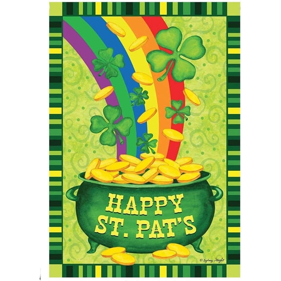 Happy St.Pat's Garden Flag 28x40 Decorative Shamrock Clover Garden Flag Gold Pot Coin Rainbow Double Sided Flag for St. Patrick's Day Decoration