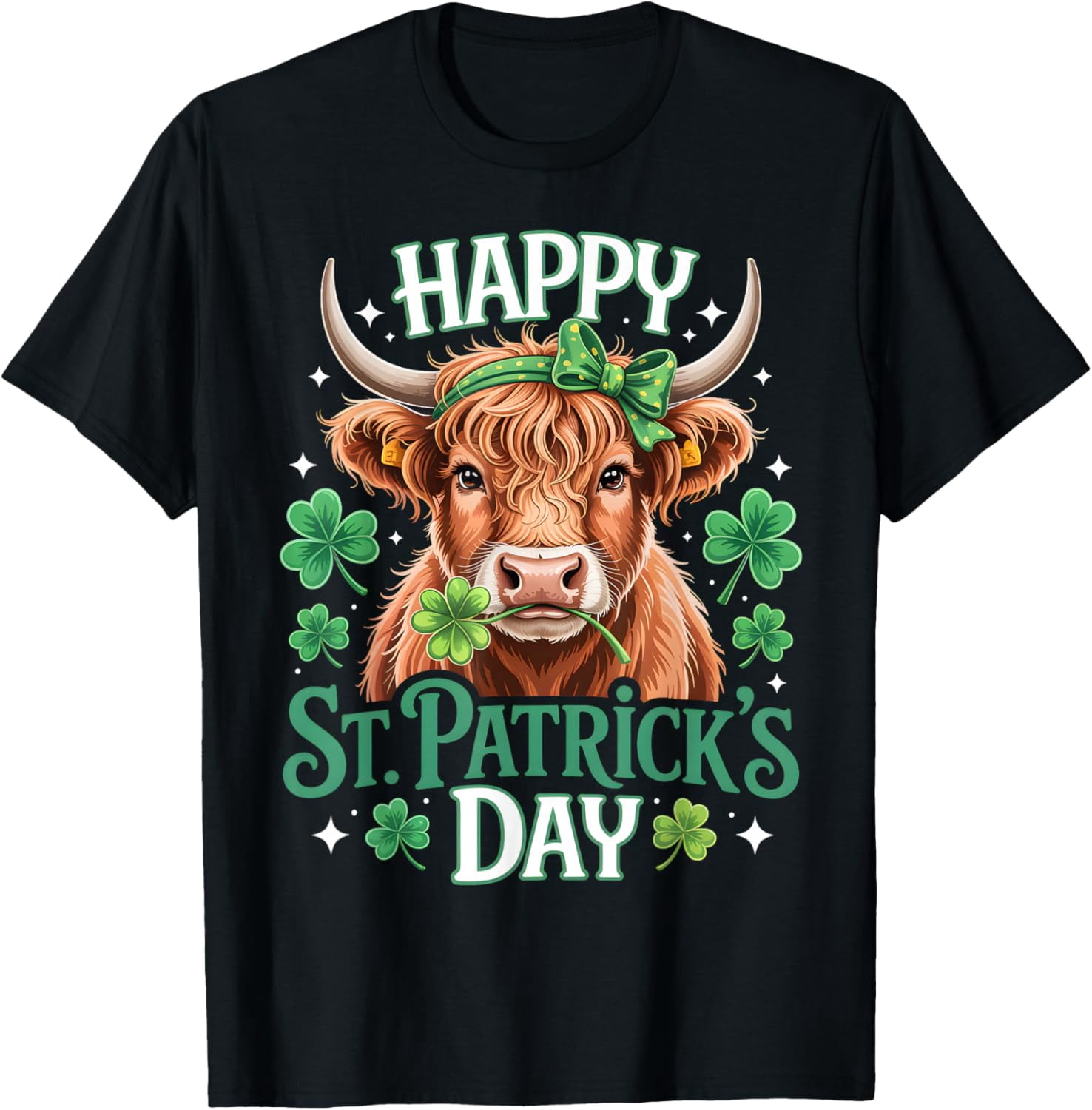 Happy St Patrick Day Lucky Highland Cow Moo Shamrock Clover T-Shirt ...