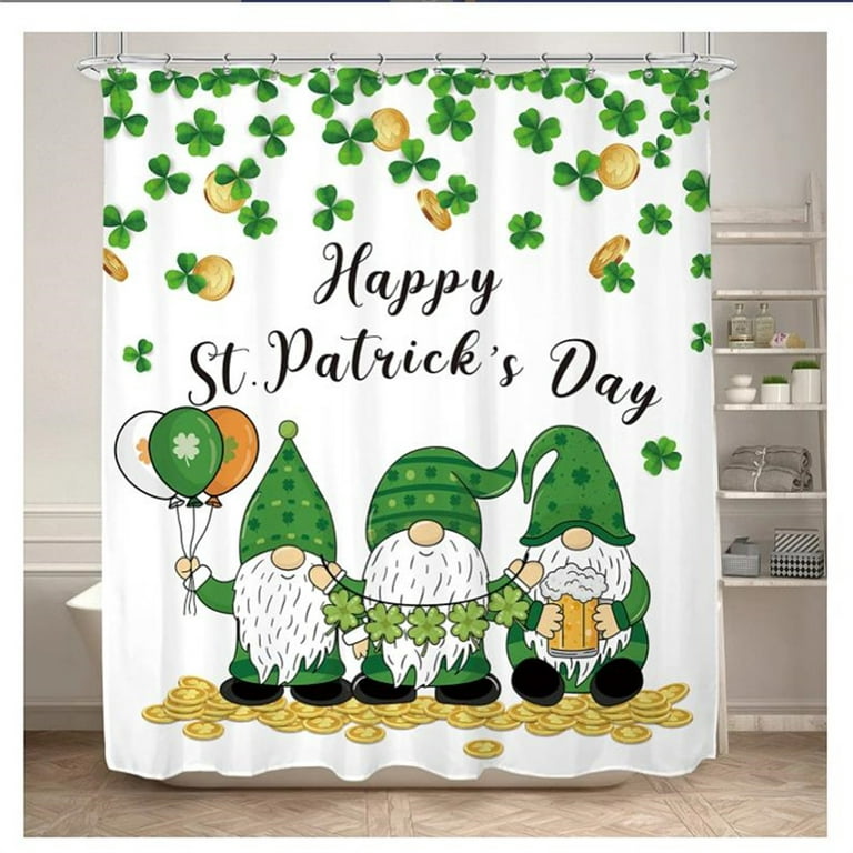 Happy St. Patrick'S Day Shower Curtain, Green Four Leaf Clover Clover Leaf  Irish Gnome Elf Design, Buffalo Plaid Plaid Decorative Fabric Bathroom  Curtains With Hooks Set 71 X 71 Inches 