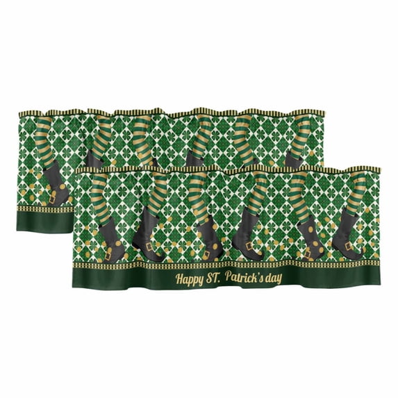 Happy St. Patrick's Curtain Valances for Windows, Kitchen Valance Window Treatments Panel 2 Pack, Cute Legs Coin Green Shamrock Leaves Rod Pocket Short Curtains for Bathroom Bedroom 42 x 12 Inch