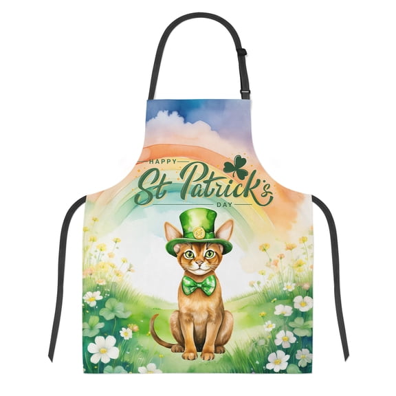 Happy St. Patrick’s Day Abyssinian with Green Hat Shamrocks Rainbow Apron Cat Lover Kitten Owner Gifts for Cooking Grilling Baking Painting Gardening - 03007