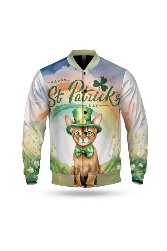 Happy St. Patrick’s Day Abyssinian with Green Hat Shamrocks Rainbow All Over Print 3D Baseball Jacket Cat Lover Kitten Owner Gifts Bomber Jacket Softball - 03007