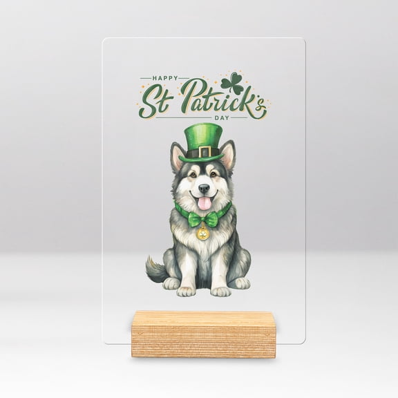 Happy St. Patrick’s Day Alaskan Malamute with Green Hat Shamrocks Rainbow Acrylic Plaque Sign Ashwood Base Alaska Mal Dog Lovers Gifts Home Desk Decor - 03007