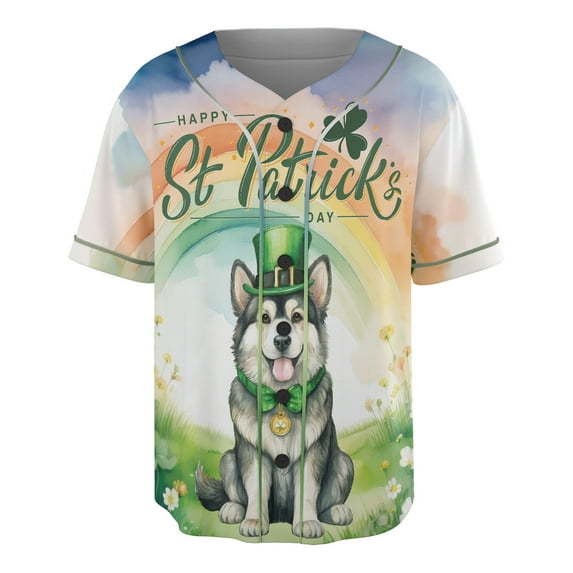 Happy St. Patrick’s Day Alaskan Malamute with Green Hat Shamrocks Rainbow All Over Print 3D Baseball Shirt Alaska Mal Dog Lovers Gifts Softball Sport - 03007