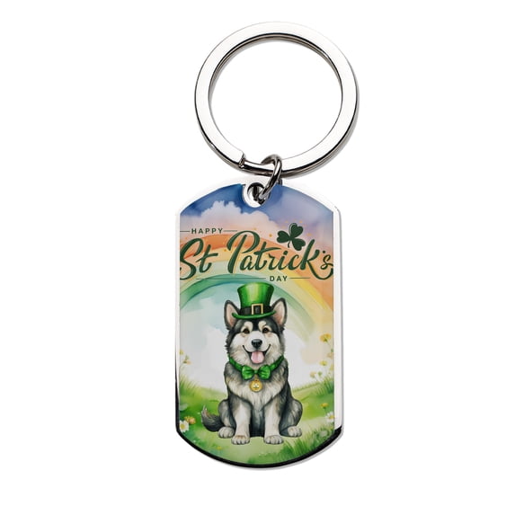 Happy St. Patrick’s Day Alaskan Malamute with Green Hat Shamrocks Rainbow Stainless Steel Keychain Alaska Mal Dog Lovers Gifts Collar Charm Tag Keyring - 03007