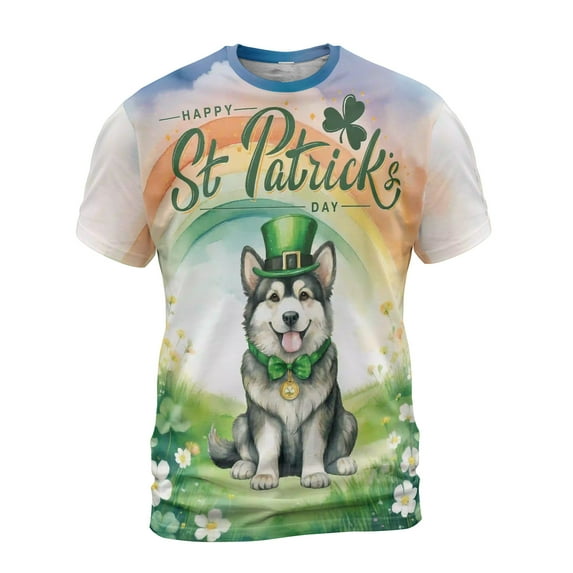 Happy St. Patrick’s Day Alaskan Malamute with Green Hat Shamrocks Rainbow All Over Print 3D Shirt Unisex Merch Alaska Mal Dog Lovers Gifts - 03007