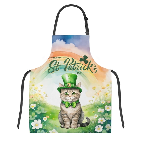 Happy St. Patrick’s Day American Shorthair with Green Hat Shamrocks Rainbow Apron Cat Lover Kitten Owner Gifts for Cooking Grilling Baking Painting Gardening - 03007