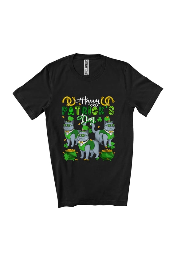 Happy St. Patrick's Day; Amusing Three Leprechaun Russian Blue Owner Lover Unisex T-Shirt