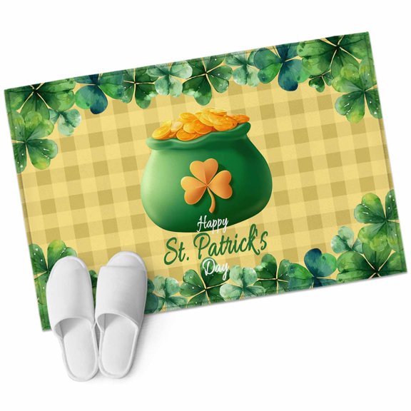 Happy St. Patrick's Day Area Rugs Collection 2'x3', Spring Coin Clovers Yellow Plaid Non Slip Indoor Rectangle Throw Runner Rug Floor Mat Carpet for Living Room Dining Table Bedroom Nursery