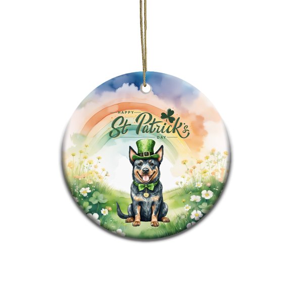 Happy St. Patrick’s Day Australian Cattle Dog with Green Hat Shamrocks Rainbow Ceramic Round Ornament Heeler Lover Gifts Home Tree Decor - 03007