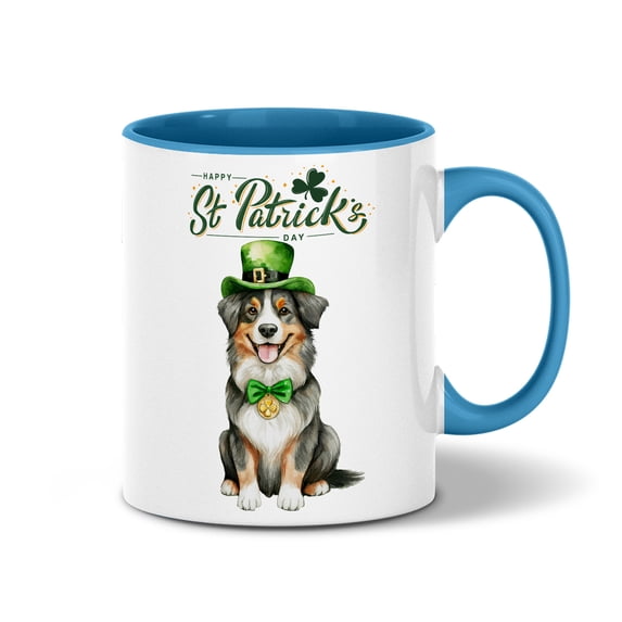Happy St. Patrick’s Day Australian Shepherd with Green Hat Shamrocks Rainbow 11oz Accent Two-tone Mug Aussie Dog Lover Gifts Coffee Tea Cup - 03007