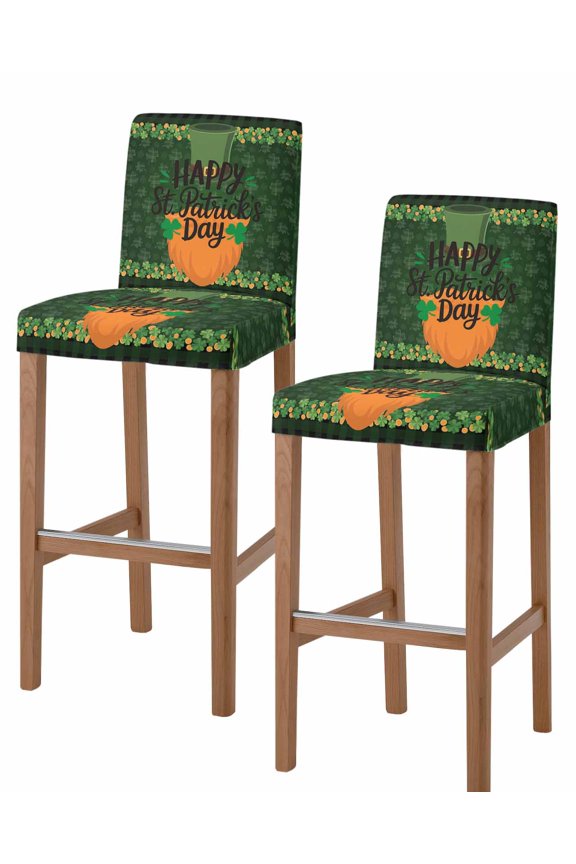 Happy St Patrick's Day Bar Stool Covers Set of 2, Shamrocks Funny Beard Green Hat Stretch Washable Bar Chair Covers with Backs, Removable Pub Counter Height Chair Cover for Kitchen Dining Room Cafe