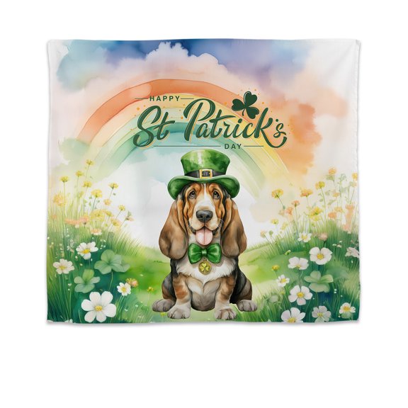 Happy St. Patrick’s Day Basset Hound with Green Hat Shamrocks Rainbow Tapestry Bassets Dog Breed Lovers Gifts Idea Wall Hanging Backdrop Home Decor - 03007