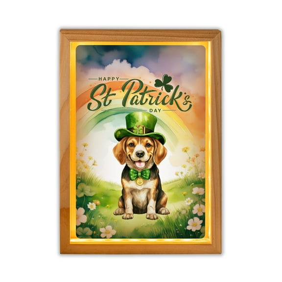 Happy St. Patrick’s Day Beagle with Green Hat Shamrocks Rainbow Acrylic Plaque with Wood Photo Frame Box Beagles Dog Lover Gifts Idea Light Box - 03007