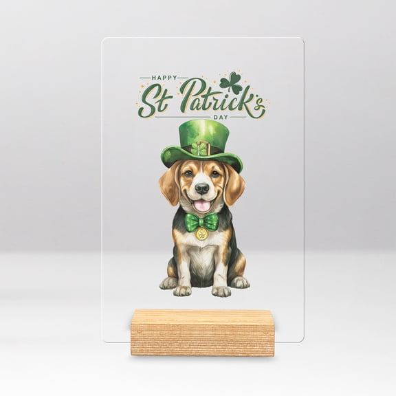 Happy St. Patrick’s Day Beagle with Green Hat Shamrocks Rainbow Acrylic Plaque Sign Ashwood Base Beagles Dog Lover Gifts Idea Home Desk Decor - 03007