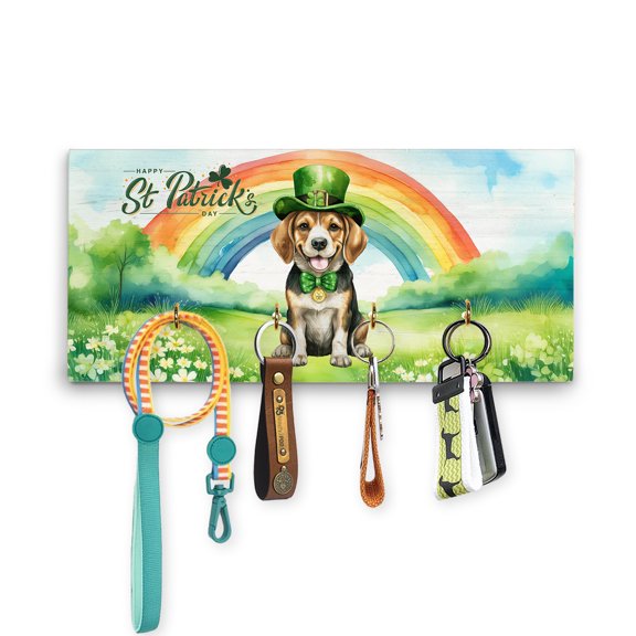 Happy St. Patrick’s Day Beagle with Green Hat Shamrocks Rainbow Wood Key Holder Beagles Dog Lover Gifts Idea Wall-mounted Key Rack Home Decor - 03007