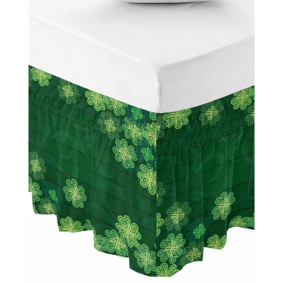 Happy St. Patrick's Day Bed Skirt Queen Size 16 Inch Drop, Wrap Around Bed Skirts, Green Lucky Four-leaf Grass Elastic Bedskirt Pleated Bed Frame Cover Luxurious Dust Ruffle for Queen Bed