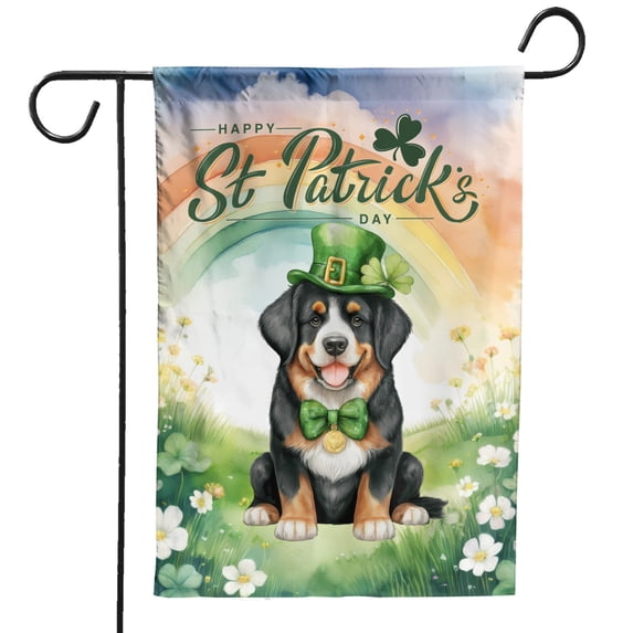 Happy St. Patrick’s Day Bernese Mountain Dog with Green Hat Shamrocks Rainbow Garden Flag 12x18in Double Sided Berner Lover Gifts Outdoor Decor - 03007