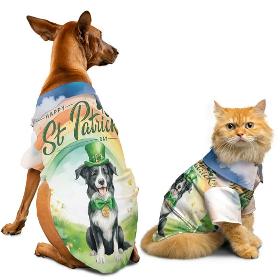 Happy St. Patrick’s Day Border Collie with Green Hat Shamrocks Rainbow Hawaiian Summer Shirt for Small Medium Large Dog Cat Borders Dog Lovers Gifts Idea - 03007