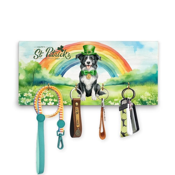 Happy St. Patrick’s Day Border Collie with Green Hat Shamrocks Rainbow Wood Key Holder Borders Dog Lovers Gifts Idea Wall-mounted Key Rack Home Decor - 03007
