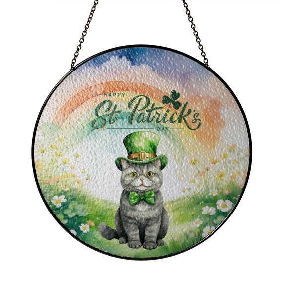 Happy St. Patrick’s Day British Shorthair with Green Hat Shamrocks Rainbow Stained Glass Suncatcher Cat Lover Kitten Owner Gifts Window Hanging Sign Decor - 03007