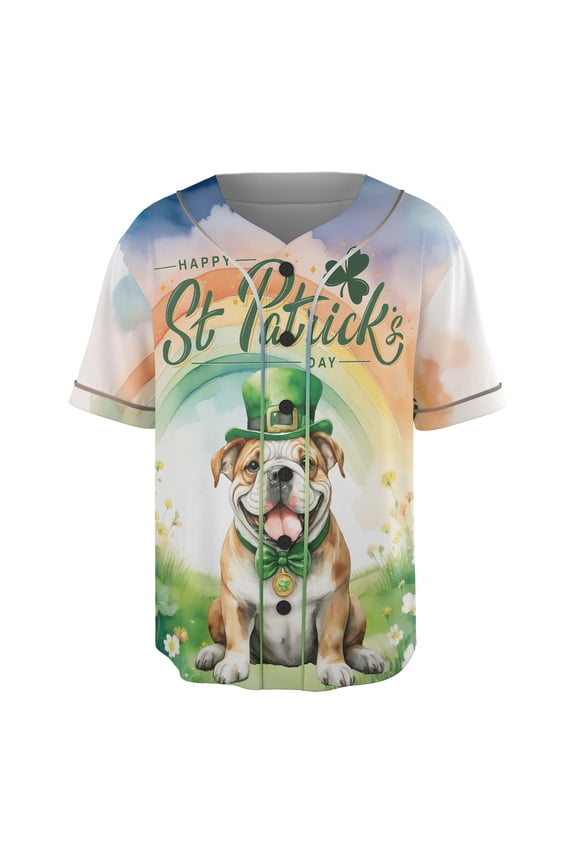 Happy St. Patrick’s Day Bulldog with Green Hat Shamrocks Rainbow All Over Print 3D Baseball Shirt Dog Lover Gifts Idea Softball Sport - 03007