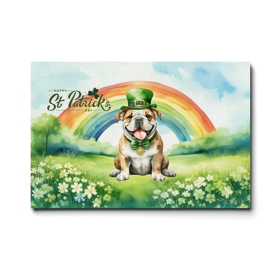 Happy St. Patrick’s Day Bulldog with Green Hat Shamrocks Rainbow Horizontal Matte Canvas Poster Dog Lover Gifts Idea Wall Art Home Decor - 03007