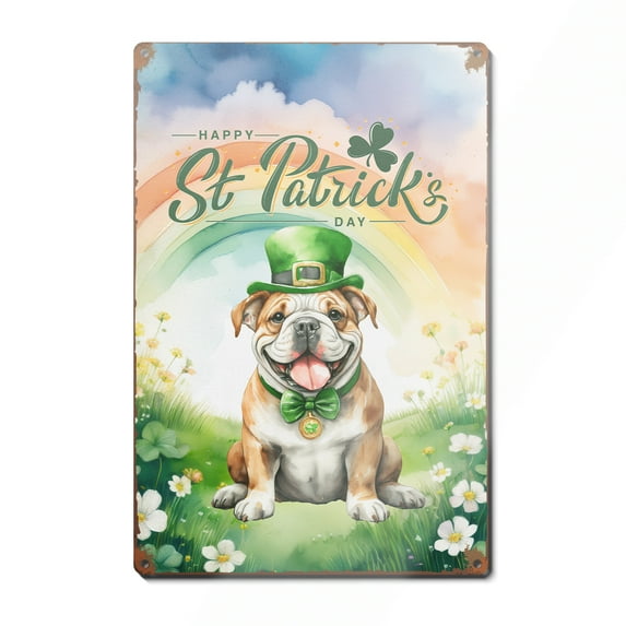 Happy St. Patrick’s Day Bulldog with Green Hat Shamrocks Rainbow Vertical Metal Aluminum Sign Dog Lover Gifts Idea Wall Art Home Decor - 03007
