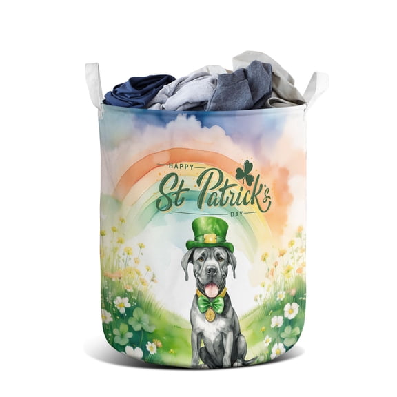 Happy St. Patrick’s Day Cane Corso with Green Hat Shamrocks Rainbow Foldable Laundry Basket Italian Mastiff Dog Lover Gifts Idea Organizer Storage with Handles - 03007