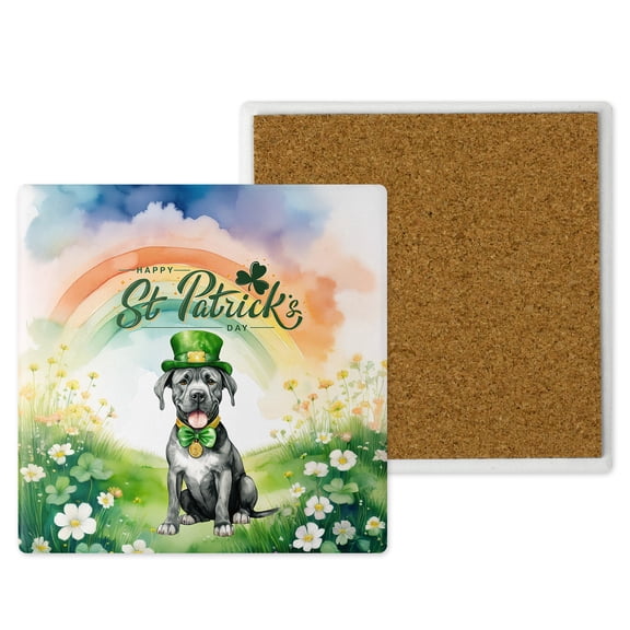 Happy St. Patrick’s Day Cane Corso with Green Hat Shamrocks Rainbow Set of 4 Stone Coasters Italian Mastiff Dog Lover Gifts Idea 4x4in Absorbent Soapstone Coaster - 03007