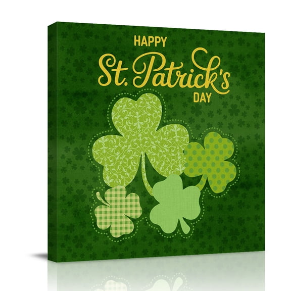 Happy St. Patrick's Day Canvas Wall Art for Living Room, Watercolor Floral Dots Plaid Shamrocks Green Poster Print Painting for Bedroom Office Home Decoration Wall Pictures Prepare To Hang 8"x8"