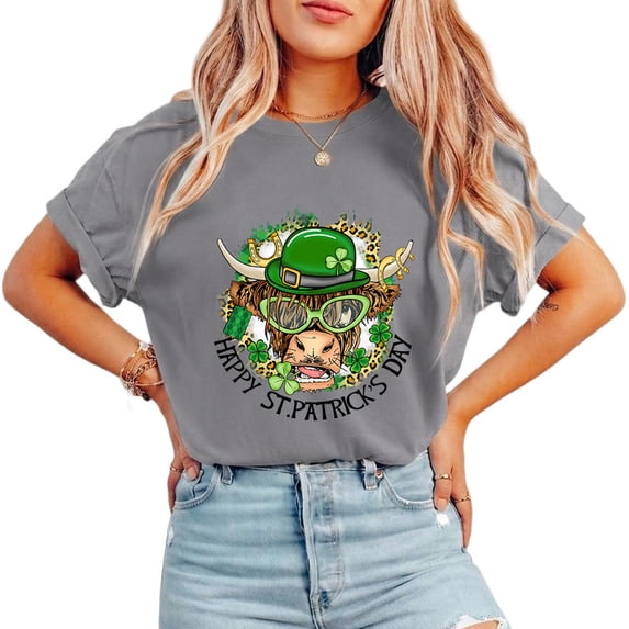 Happy St. Patrick's Day Cartoon Horned Character Women's Crewneck Short Sleeve Top