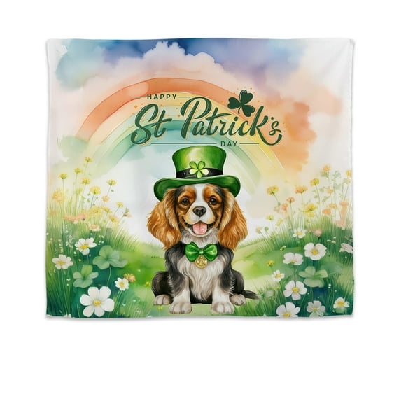Happy St. Patrick’s Day Cavalier King Charles Spaniel with Green Hat Shamrocks Rainbow Tapestry Dog Lover Gifts Wall Hanging Backdrop Home Decor - 03007