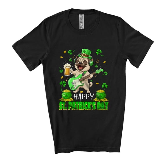 Happy St. Patrick's Day; Cheerful Pug Playing Guitar Drinking Beer Unisex T-Shirt