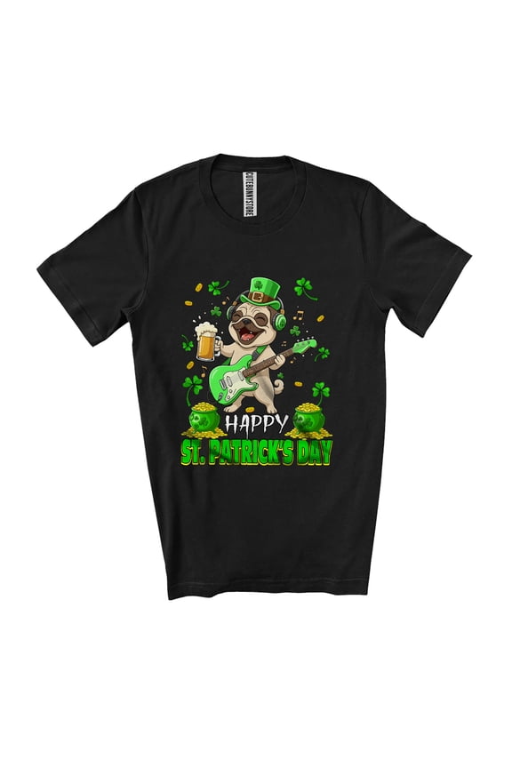 Happy St. Patrick's Day; Cheerful Pug Playing Guitar Drinking Beer Unisex T-Shirt