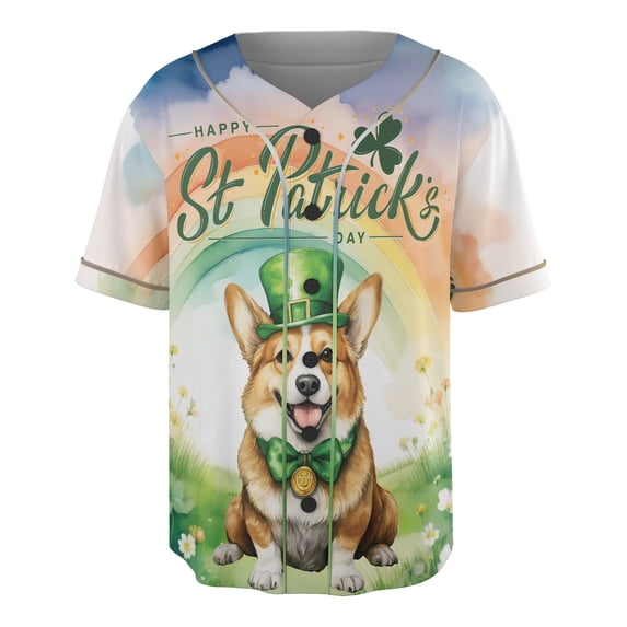 Happy St. Patrick’s Day Corgi with Green Hat Shamrocks Rainbow All Over Print 3D Baseball Shirt Welsh Corgi Dog Lover Gifts Idea Softball Sport - 03007