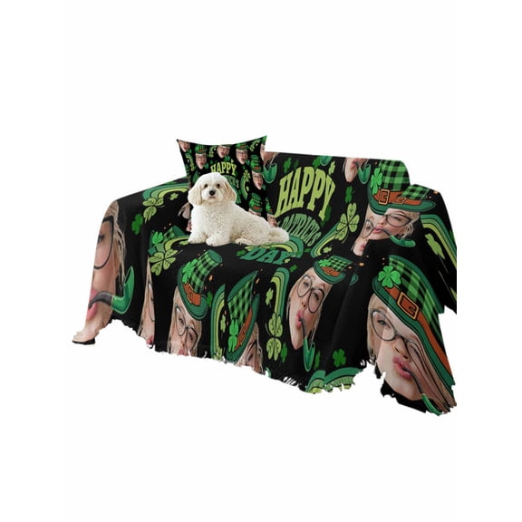 Happy St. Patrick's Day Couch Cover Funny Face Green Shamrocks Rainbow Black Sofa Slipcover with Tassel Washable Furniture Protector Living Room Soft Sofa Cover for Dog Cat Pets 71"x91"