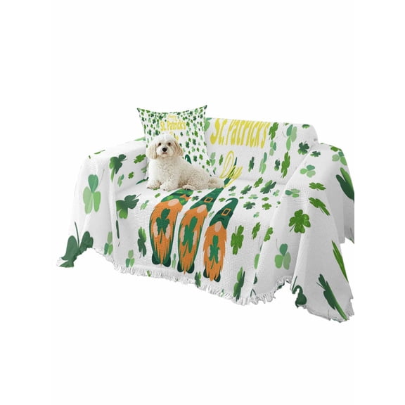 Happy St. Patrick's Day Couch Cover Green Lucky Shamrocks Gnome Country Sofa Slipcover with Tassel Washable Furniture Protector Living Room Soft Sofa Cover for Dog Cat Pets 71"x91"